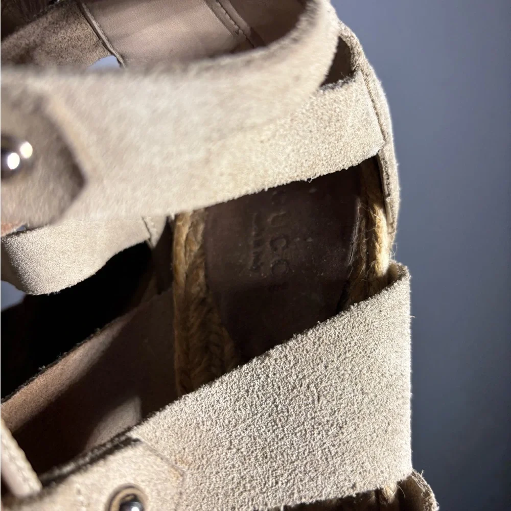 GUCCI Jasmine Beige Suede Lace Up Espadrille Heeled Sandals Size 39.5 - Picture 8 of 10